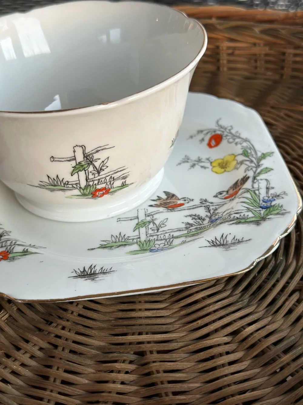 Vintage English Bone China Tea Bowl Saucer Bird Cottagecore Gold Trim